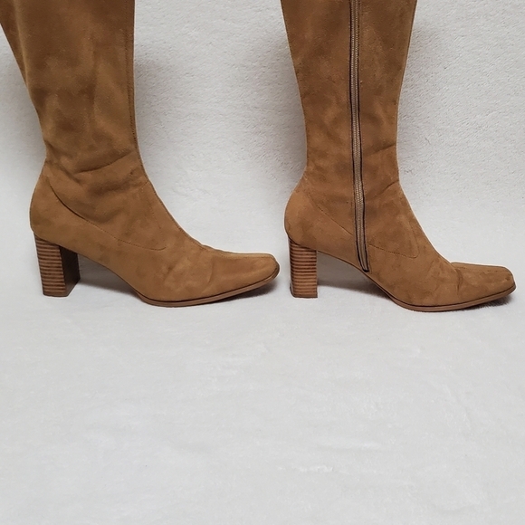 VINTAGE 90s Candies Caramel Faux Suede Stacked Heel Square Toe Knee High Boots 8 - Picture 11 of 16